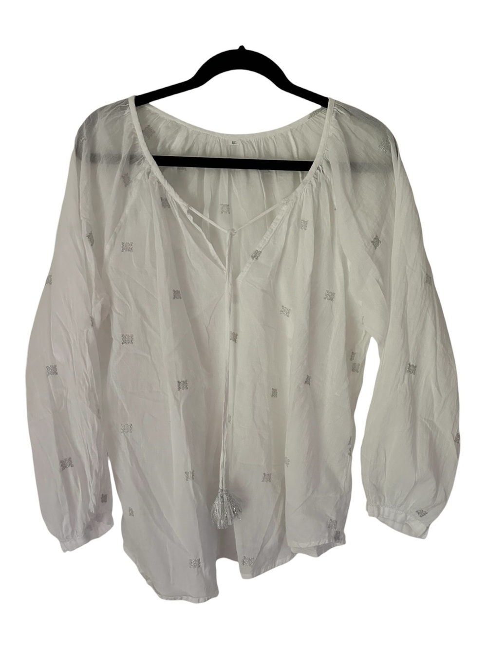Lightweight Sheer White Peasant Blouse with Silver Embroidery and Tassel Tie